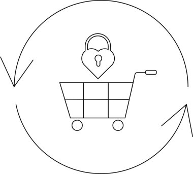 Kalp şeklinde kilidi olan bir alışveriş arabası ikonu güvenli online alışveriş ve güvenli işlemleri sembolize ediyor. Oklar sürekli bir güvenlik döngüsünü gösteriyor..