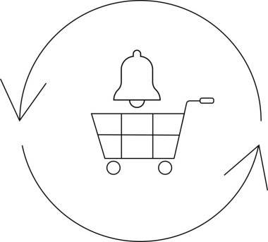 Yuvarlak oklarla çevrili, üzerinde uyarı çanı olan bir alışveriş arabasının basit bir çizgisi çizimi..
