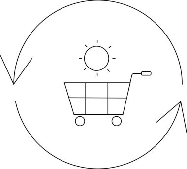 Alışveriş arabasının basit bir çizgisi. Dairesel bir okun içinde güneş olan bir alışveriş arabası. Perakende döngülerini ve güneşli alışveriş günlerini temsil ediyor..