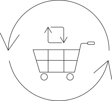 Yuvarlak oklu bir alışveriş arabasının minimalist çizgisi çizimi, e-ticareti, perakendeciliği ve sürekli alım satım döngüsünü simgeliyor..
