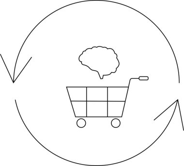 İçinde beyin ikonu olan bir alışveriş arabası, dairesel bir okla çevrili, akıllı alışverişi veya tüketici davranışını sembolize ediyor..