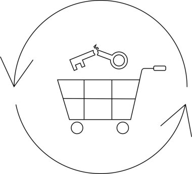 İçinde kırık bir anahtar olan alışveriş arabası, dairesel bir okla çevrili, güvenlik sorunlarını, kırılganlığı ve çevrimiçi işlemlerde korunma ihtiyacını simgeliyor..
