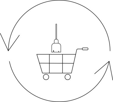 Temizlik malzemeleriyle dolu, yuvarlak bir okla çevrili bir alışveriş arabası, yeniden stoklama veya temizlik döngüsü öneriyor..