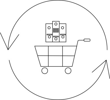 Daire şeklinde okla çevrili, sürekli bir süreci veya döngüyü sembolize eden dosyalarla dolu bir alışveriş arabası..