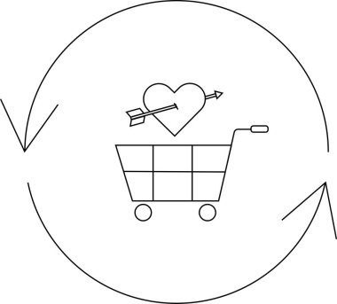 Yuvarlak hareketlerle çevrili, kalbi okla delinmiş bir alışveriş arabası alışverişe olan aşkı simgeliyor..