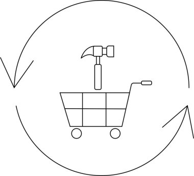 İçinde çekiç olan bir alışveriş arabası. Dairesel bir okla çevrili. İnşaat ve perakende kavramlarını temsil ediyor..