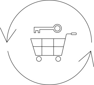 Yuvarlak bir okla çevrili, üzerinde anahtar olan bir alışveriş arabasının basit bir sanat simgesi. Güvenli alışveriş veya işlemleri temsil ediyor..