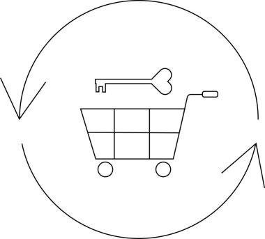 Üzerinde anahtar olan basit bir alışveriş arabası çizimi, çevrimiçi oklarla çevrili, güvenli online alışveriş ve e-ticareti temsil ediyor..