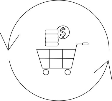 İçinde para olan bir alışveriş arabası ikonu, oklarla çevrili, ticareti, alışverişi ve finansal işlemleri dairesel bir hareketle temsil ediyor..