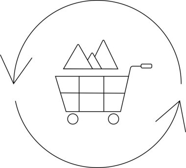 Dağ şekilleriyle dolu, dairesel oklarla çevrili bir alışveriş arabasının basit bir çizimi, satın alma veya takas döngüsünü akla getiriyor..