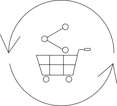Dairesel bir okun içinde ağ sembolü olan bir alışveriş arabası, e-ticareti ve online alışverişi temsil ediyor..
