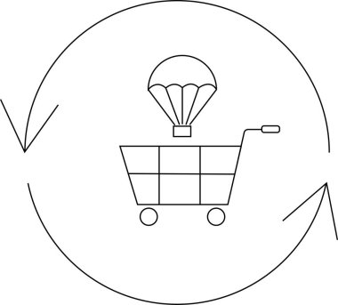 Yuvarlak oklarla çevrili, üzerinde paraşüt olan bir alışveriş arabası hızlı bir teslimat ya da geri dönüş işlemini öneriyor..