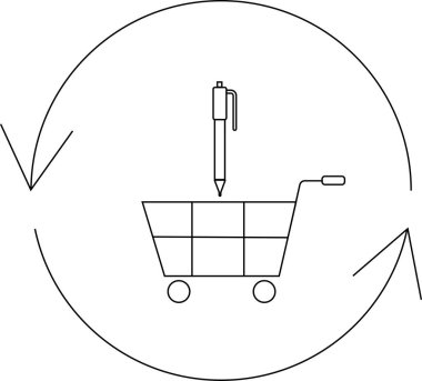 İçinde kalem olan bir alışveriş arabası. Dairesel bir okla çevrili. Alışveriş döngüsünü ya da işlemini temsil ediyor..