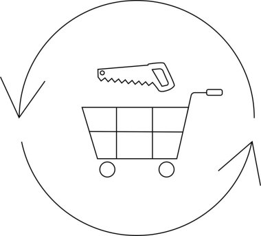 İçinde testereyle çevrili, dairesel bir okla çevrili bir alışveriş arabası ikonu satın alma araçları veya inşaat malzemeleri döngüsü olduğunu gösteriyor..
