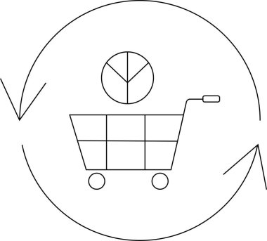 İçinde turta grafiği olan, piyasa analizi ve eğilimlerini temsil eden dairesel oklarla çevrili bir alışveriş arabası ikonu..