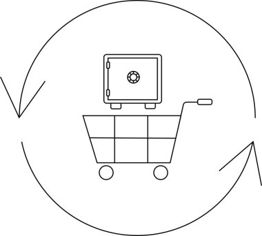 İçinde daire şeklinde oklarla çevrili bir kasa bulunan bir alışveriş arabası, alışveriş ve mali işlemlerde güvenliği işaret ediyor..