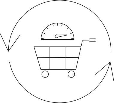 Dairesel bir okun içinde hız göstergesi olan bir alışveriş arabası, hızlı alışverişi ya da hızlı teslimatı temsil ediyor..