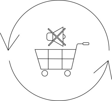 Bir minimalist çizgi sanat ikonu, bir alışveriş arabasını çizgili okun içinde sessiz ve sessiz alışveriş deneyimlerini sembolize eden bir hoparlör ile tasvir ediyor..