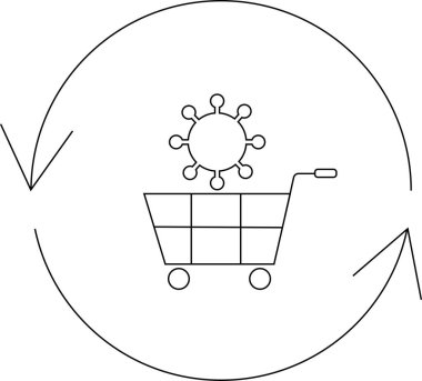 Dairesel bir okun içinde virüs ikonu olan bir alışveriş arabası, salgının alışveriş üzerindeki etkisini temsil ediyor..