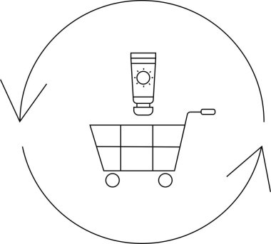 Alışveriş arabasındaki güneş kreminin basit bir çizgisi. Dairesel oklarla çevrili. Ürün alımını ve yenilenmesini sembolize ediyor..