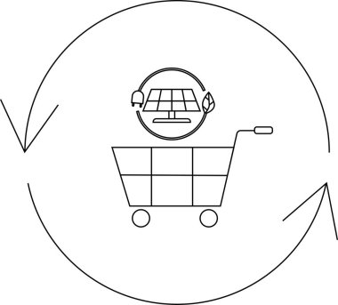 Güneş panelinin yapraklarla çevrili olduğu bir alışveriş arabası, geri dönüşüm sembolüyle çevrili, çevre dostu alışveriş ve yenilenebilir enerjiyi temsil ediyor..