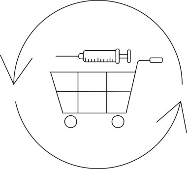 Aşıların ulaşılabilirliğini ve sağlık ve ticaret kavşağını temsil eden dairesel bir okla çevrili bir şırınga içeren bir alışveriş arabası..