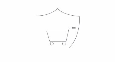 Bir alışveriş arabasının canlandırılmış simgesi ve bir kalkanın içindeki telefon güvenli mobil alışverişi temsil ediyor. E-ticaret güvenlik kavramları için basit, temiz tasarım.
