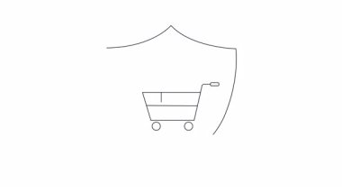 Alışveriş arabasını koruyan bir kalkanın canlandırılmış simgesi, güvenli çevrimiçi işlemleri ve e-ticaret güvenliğini simgeliyor.