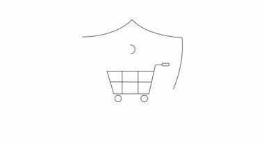 Alışveriş arabası ve kişi ile canlandırılmış kalkan simgesi, güvenli online alışveriş ve e-ticaret platformları için müşteri korumasını sembolize ediyor.