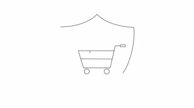 Kalkanın içinde kredi kartı olan bir alışveriş arabasını tasvir eden basit bir sanat simgesi. Güvenli online işlemleri ve ödeme korumasını simgeliyor..