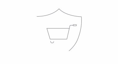 Bir kalkanın içindeki bir alışveriş arabasının canlandırılmış simgesi, e-ticaret şirketleri için güvenli online alışveriş ve veri korumasını sembolize ediyor..