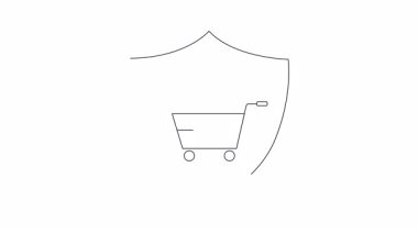 Asma kilitli bir alışveriş arabasının canlandırılmış simgesi, e-ticaret platformları için güvenli çevrimiçi işlemleri ve veri korumasını sembolize ediyor.