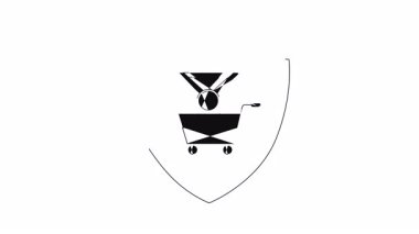 Bir kalkan içindeki alışveriş arabasının canlandırılmış simgesi, güvenli online alışverişi simgeliyor. E-ticaret, güvenlik ve çevrimiçi perakende içeriği için ideal.