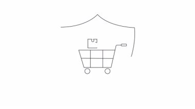 Yapboz parçalarıyla dolu bir alışveriş arabasının canlandırılmış simgesi, bir kalkan tarafından korunuyor, güvenli online alışveriş ve e-ticaret korumasını simgeliyor..