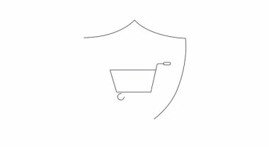 Yaprak ve alışveriş arabasının yer aldığı hareketli kalkan ikonu, güvenli ve çevre dostu alışverişi sembolize ediyor. Sürdürülebilir tüketim ve çevre korumasını desteklemek için ideal.