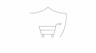 Koruyucu kalkan içindeki bir alışveriş arabasından fırlatılan bir roketin yer aldığı e-ticaret güvenliğinin sembolik bir temsili. Güvenli çevrimiçi işlemleri göstermek için ideal.