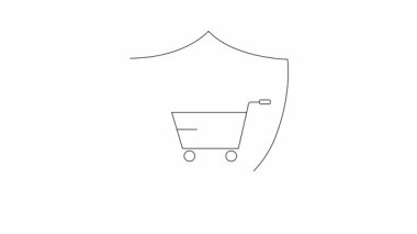 Basit bir alışveriş arabası animasyonu kalkanın içinde bir küre ile güvenli küresel online alışverişi temsil ediyor..