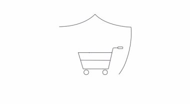 Kalkanın içinde el dezenfektanı olan bir alışveriş arabasının canlandırılmış simgesi. Güvenli alışveriş uygulamalarını ve hijyeni temsil eder..