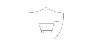 Kalkanın içinde ilaç bulunan, güvenli online eczane hizmetlerini ve korunan sağlık hizmetlerini temsil eden bir alışveriş arabasının canlandırılmış simgesi.