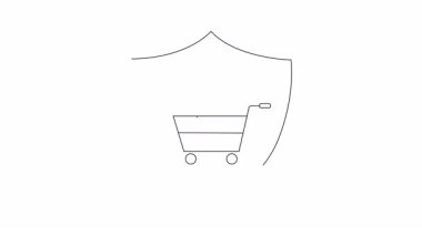 Kalkan ve asma kilit ile korunan bir alışveriş arabasının basit bir çizimi, güvenli çevrimiçi işlemleri ve veri korumasını simgeliyor..