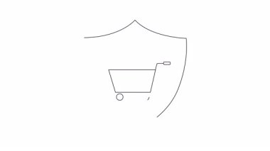 Animasyon kalkan simgesi, alışveriş arabasından kalkan bir uçak içeriyor, güvenli online seyahat alışverişini simgeliyor..