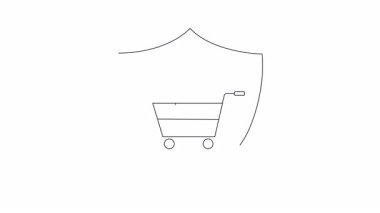 Alışveriş arabasının üzerinde açık kilidi olan bir kalkanın canlandırılmış simgesi, e-ticaret için güvenli çevrimiçi işlemleri ve veri korumasını simgeliyor.