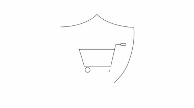 Alışveriş arabası ve güç düğmesinin yer aldığı bir kalkan simgesi, güvenli online alışveriş ve e-ticaret korumasını sembolize ediyor.