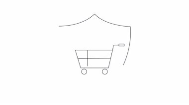 İçinde dizüstü bilgisayar olan bir alışveriş arabasının bir çizgi çizimi, bir kalkan tarafından korunuyor, güvenli online alışveriş ve veri korumasını simgeliyor..