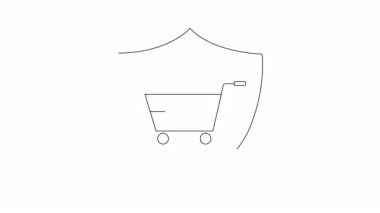 Kalkanın içinde anahtarlarla korunan bir alışveriş arabasının canlandırılmış simgesi. E-ticaret güvenliği, online alışveriş koruması ve güvenli işlemler için mükemmel..
