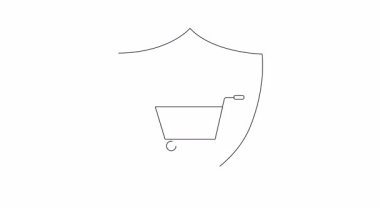 Kalemin canlandırılmış simgesi bir kalkanın içinde bir alışveriş arabasının üzerinde asılı duruyor. Güvenli çevrimiçi alışveriş ve güvenilir işlemleri sembolize eder.