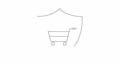 Kalkanın içinde mıknatıs bulunan bir alışveriş arabasının canlandırılmış simgesi, güvenli online alışveriş ve müşteri çekimini simgeliyor..