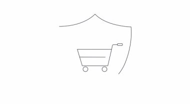 Güvenlik kamerası bir kalkan içindeki alışveriş arabasını izliyor, güvenlik perakende satış ortamlarını sembolize ediyor ve izleme teknolojisiyle kayıp önleme.