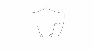 Bu animasyonda bir alışveriş arabası, ürün ve kalkan ikonu, müşteriler için güvenli çevrimiçi alışveriş ve korunmayı sembolize ediyor.