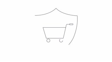 Kalkan, alışveriş arabası ve sosis içeren animasyon ikonu. Gıda güvenliği, market promosyonları veya mutfak temaları için mükemmel..